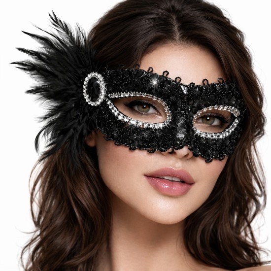 toptan-xml-dropshipping-Siyah Taşlı Venedik Parti Maskesi – Tüylü Payetli