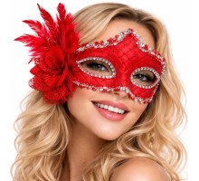 Kırmızı Tüylü Venedik Lüks Balo Maskesi