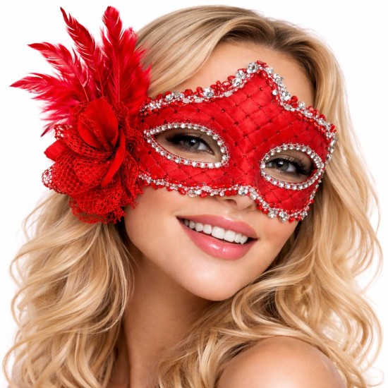 toptan-xml-dropshipping-Kırmızı Tüylü Venedik Lüks Balo Maskesi