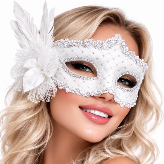 toptan-xml-dropshipping-Beyaz Tüylü Venedik Lüks Balo Maskesi