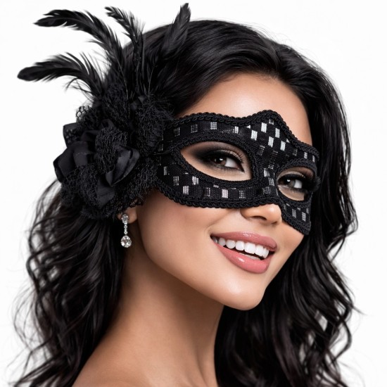 toptan-xml-dropshipping-Siyah Tüylü Balo Maskesi Kadın Parti Aksesuarı