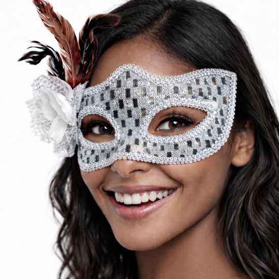 toptan-xml-dropshipping-Gümüş Renk Tüylü Balo Maskesi Kadın Parti Aksesuarı