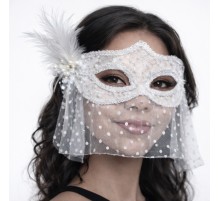 Beyaz Dantel Tüllü Peçeli Parti Maskesi – Tüylü İnci Detaylı