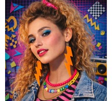 80 ler 90 lar Retro Neon Turuncu Şimşek Küpe 10 cm