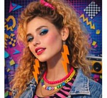 80 ler 90 lar Retro Neon Turuncu Şimşek Küpe 10 cm