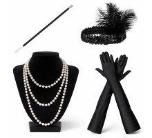 1920’ler Çarliston Aksesuar Seti – İnci Kolye, Eldiven, Sigara Tutucu, Siyah Saç Bandı