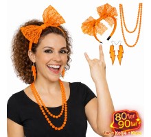 80’ler 90’lar Neon Turuncu Parti Seti – Kolye Küpe Taç