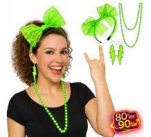 80’ler 90’lar Neon Yeşil Parti Seti – Kolye Küpe Taç