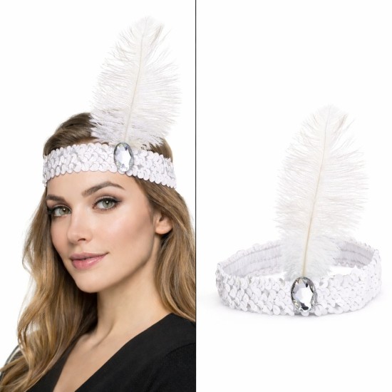 toptan-xml-dropshipping-Beyaz Tüylü Retro Çarliston Saç Bandı - 70-80-90’lar Parti Tacı