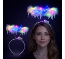 Renkli LED Işıklı Beyaz Tüylü Püsküllü Parti Tacı