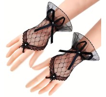 Siyah Dantel Fiyonklu Parmak Halkalı Kadın Eldiveni