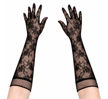 Siyah Uzun Gül Desenli Dantel Kadın Eldiveni