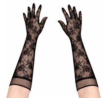 Siyah Uzun Gül Desenli Dantel Kadın Eldiveni