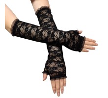 Uzun Zarif Dantel Eldiven Parmaksız Siyah 35 cm