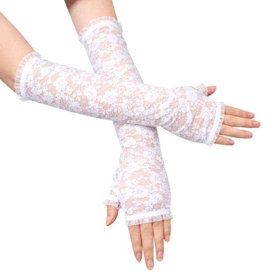 toptan-xml-dropshipping-Uzun Zarif Dantel Eldiven Parmaksız Beyaz 35 cm