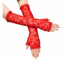 Uzun Zarif Dantel Eldiven Parmaksız Kırmızı 35 cm