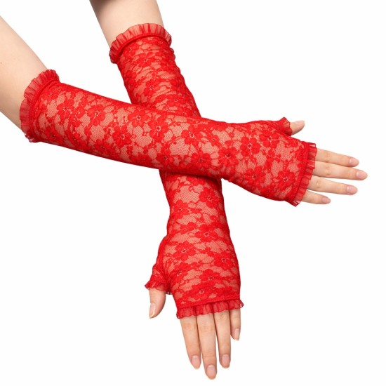 toptan-xml-dropshipping-Uzun Zarif Dantel Eldiven Parmaksız Kırmızı 35 cm
