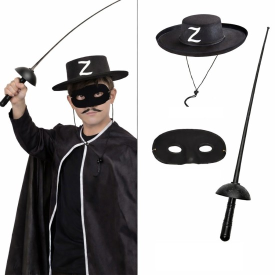 toptan-xml-dropshipping-Zorro Kostüm Seti 3’lü Çocuk – Şapka, Maske ve Kılıç
