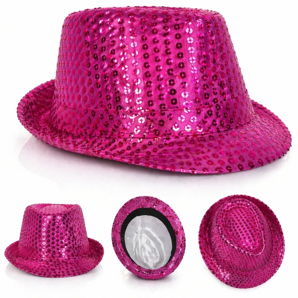 toptan-xml-dropshipping-Fuşya Pembe Payetli Disco Parti Şapkası Yetişkin Işıltılı Fötr Model