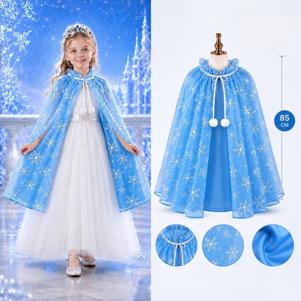 toptan-xml-dropshipping-Kar Tanesi Desenli Mavi Elsa Pelerini - Astarlı Frozen Pelerini 85 cm