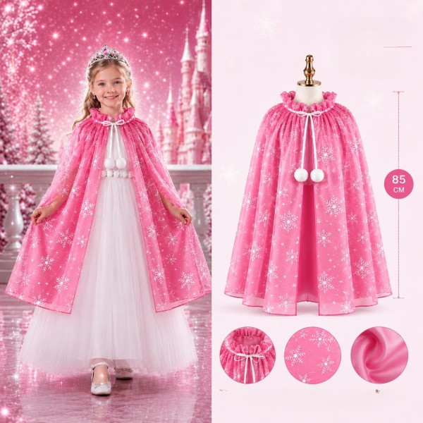 toptan-xml-dropshipping-Kar Tanesi Desenli Pembe Elsa Pelerini - Astarlı Frozen Pelerini 85 cm