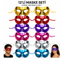 12'li Metalik Venedik Toptan Parti Maskesi Seti – 6 Renk Karışık