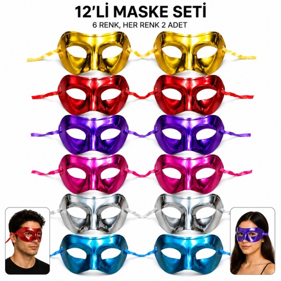 toptan-xml-dropshipping-12'li Metalik Venedik Toptan Parti Maskesi Seti – 6 Renk Karışık