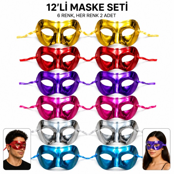 toptan-xml-dropshipping-12'li Metalik Venedik Toptan Parti Maskesi Seti – 6 Renk Karışık