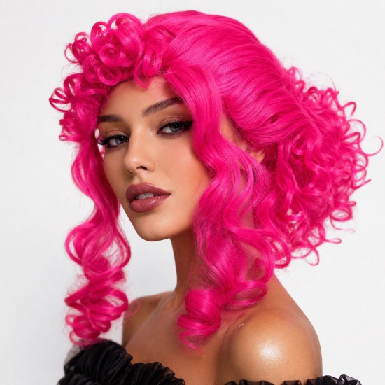 toptan-xml-dropshipping-Neon Pembe Bukleli Kıvırcık Cosplay Peruğu - İçi Astarlı