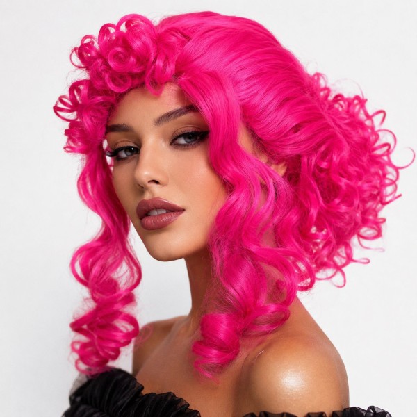 toptan-xml-dropshipping-Neon Pembe Bukleli Kıvırcık Cosplay Peruğu - İçi Astarlı