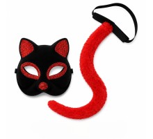 Kırmızı Kedi Maske ve Kuyruk Seti Parti Kostüm Aksesuarı