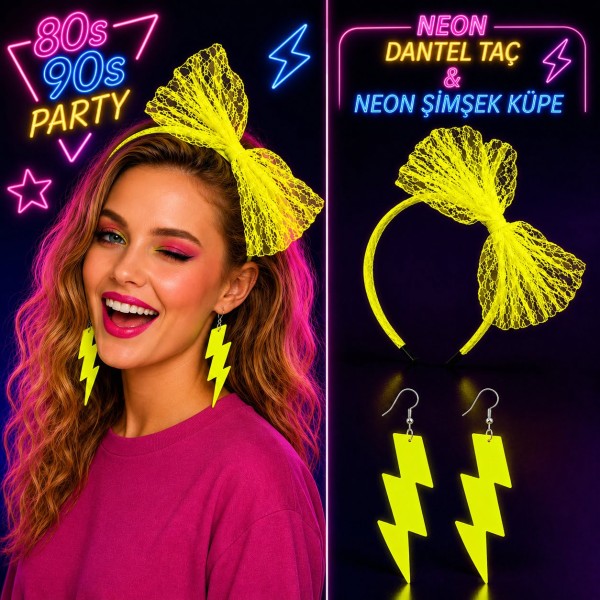 toptan-xml-dropshipping-Neon Sarı Dantel Taç ve Şimşek Küpe 80'ler 90'lar Parti Seti