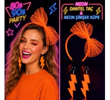 Neon Turuncu Dantel Taç ve Şimşek Küpe 80'ler 90'lar Parti Seti