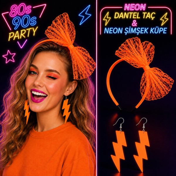 toptan-xml-dropshipping-Neon Turuncu Dantel Taç ve Şimşek Küpe 80'ler 90'lar Parti Seti