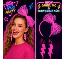 Neon Pembe Dantel Taç ve Şimşek Küpe 80'ler 90'lar Parti Seti