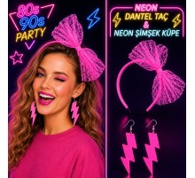 Neon Pembe Dantel Taç ve Şimşek Küpe 80'ler 90'lar Parti Seti