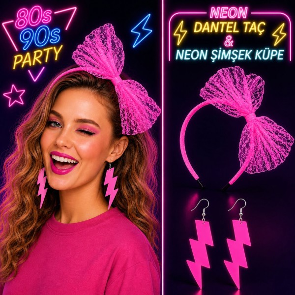 toptan-xml-dropshipping-Neon Pembe Dantel Taç ve Şimşek Küpe 80'ler 90'lar Parti Seti