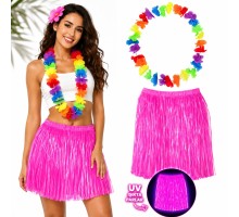 Neon Pembe Hawaii Etek 40 cm ve Rengarenk Hawaii Kolye
