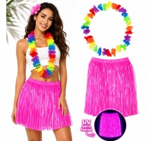 Neon Pembe Hawaii Etek 40 cm ve Rengarenk Hawaii Kolye