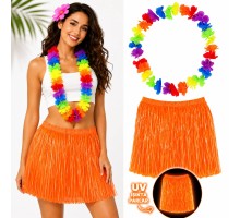 Neon Turuncu Hawaii Etek 40 cm ve Rengarenk Hawaii Kolye
