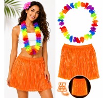 Neon Turuncu Hawaii Etek 40 cm ve Rengarenk Hawaii Kolye