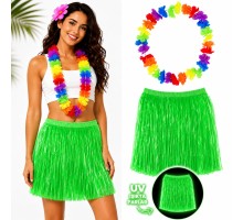 Neon Yeşil Hawaii Etek 40 cm ve Rengarenk Hawaii Kolye