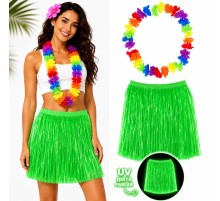 Neon Yeşil Hawaii Etek 40 cm ve Rengarenk Hawaii Kolye