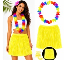 Neon Sarı Hawaii Etek 40 cm ve Rengarenk Hawaii Kolye