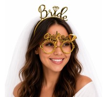 Bride Yazılı Gold Taç ve Parti Gözlüğü Seti