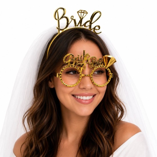 toptan-xml-dropshipping-Bride Yazılı Gold Taç ve Parti Gözlüğü Seti