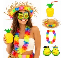 4 Parça Hawaii Parti Seti Ananas Bardak Hasır Şapka Avokado Gözlük Çiçek Kolye