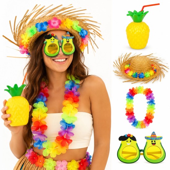 toptan-xml-dropshipping-4 Parça Hawaii Parti Seti Ananas Bardak Hasır Şapka Avokado Gözlük Çiçek Kolye