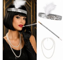 1920'ler Gatsby Gümüş Parti Seti - Çarliston Saç Bandı, İnci Kolye ve Sigara Tutacağı