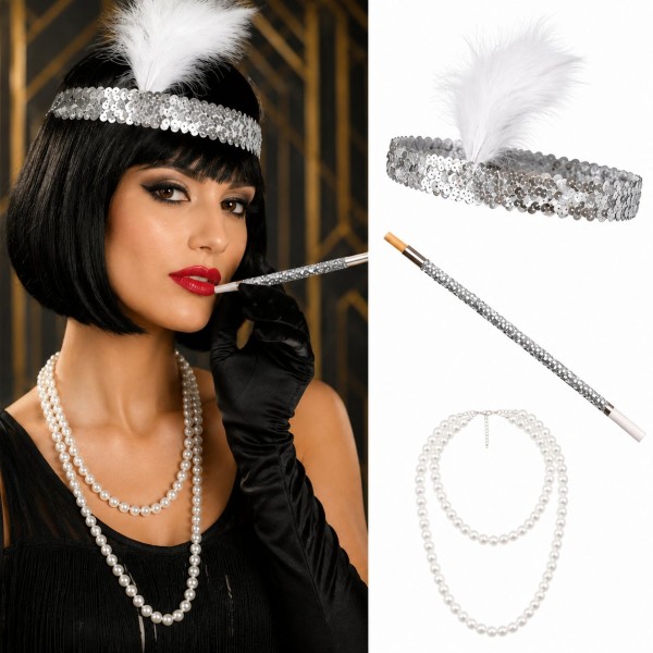 toptan-xml-dropshipping-1920'ler Gatsby Gümüş Parti Seti - Çarliston Saç Bandı, İnci Kolye ve Sigara Tutacağı